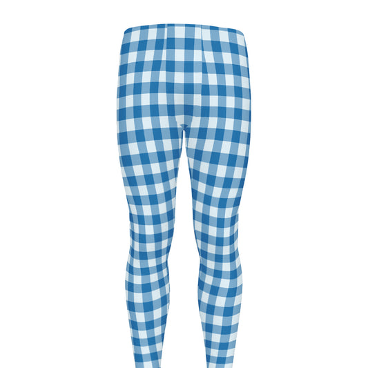 Blue And White Check Pattern Print Men's leggings