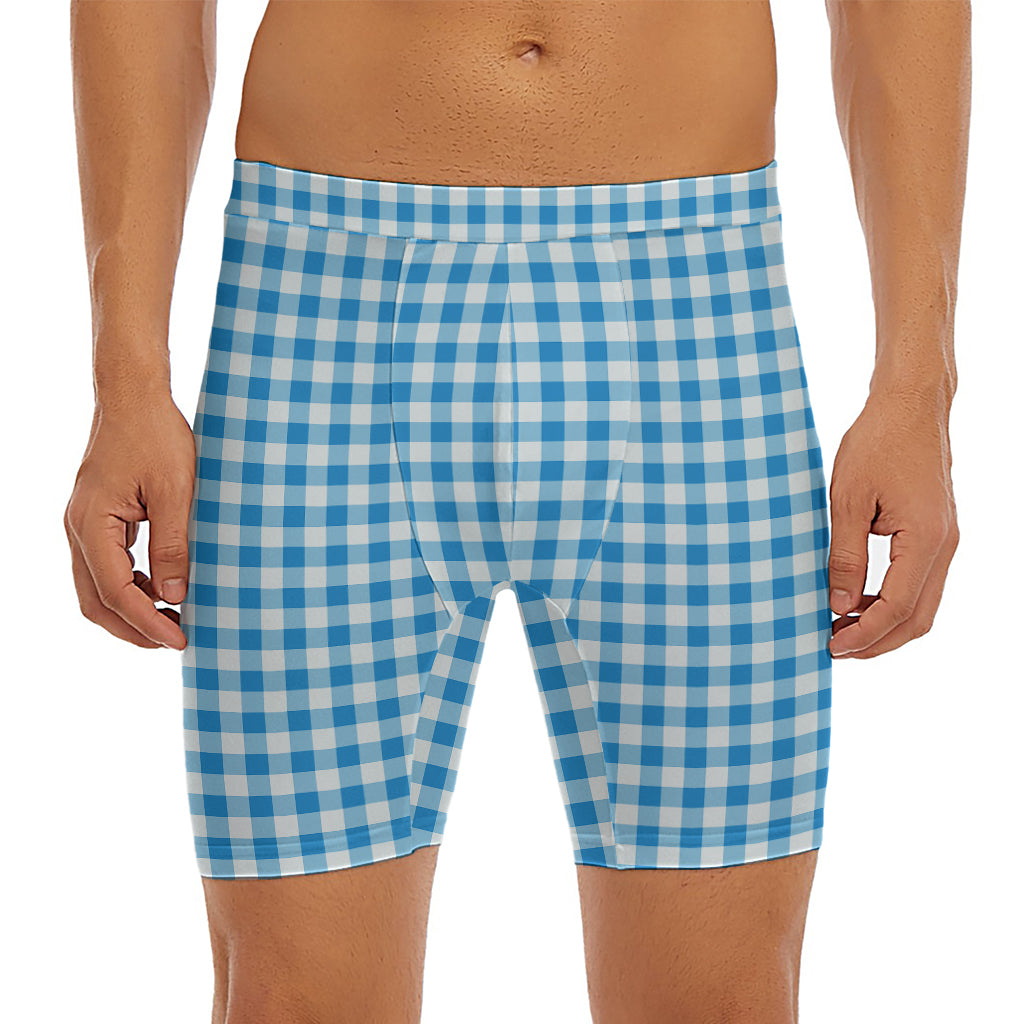 Blue And White Check Pattern Print Men's Long Boxer Briefs