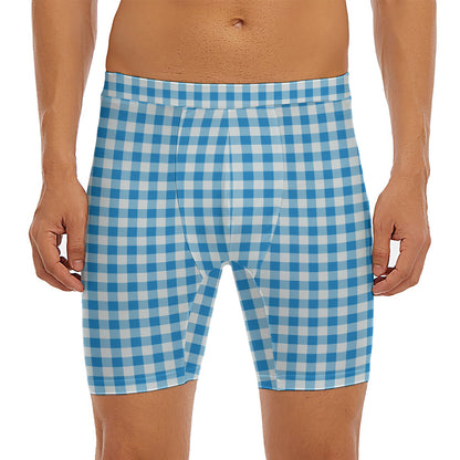Blue And White Check Pattern Print Men's Long Boxer Briefs