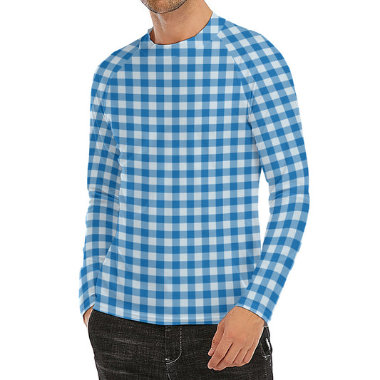 Blue And White Check Pattern Print Men's Long Sleeve Rash Guard