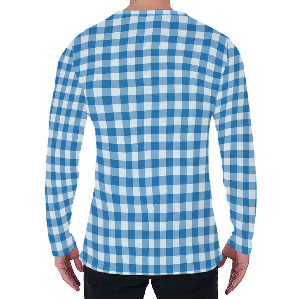 Blue And White Check Pattern Print Men's Long Sleeve T-Shirt