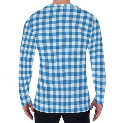 Blue And White Check Pattern Print Men's Long Sleeve T-Shirt