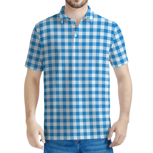 Blue And White Check Pattern Print Men's Polo Shirt
