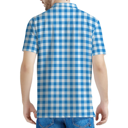 Blue And White Check Pattern Print Men's Polo Shirt