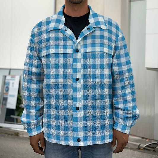 Blue And White Check Pattern Print Men's Shirt Jacket