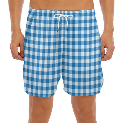 Blue And White Check Pattern Print Men's Split Running Shorts
