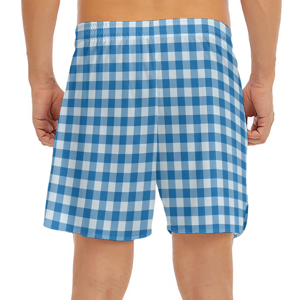 Blue And White Check Pattern Print Men's Split Running Shorts