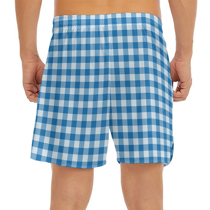 Blue And White Check Pattern Print Men's Split Running Shorts