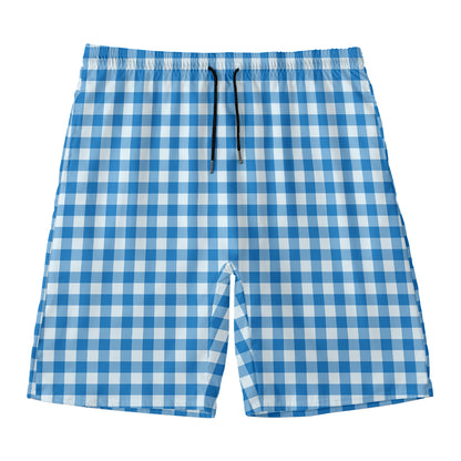 Blue And White Check Pattern Print Men's Swim Trunks