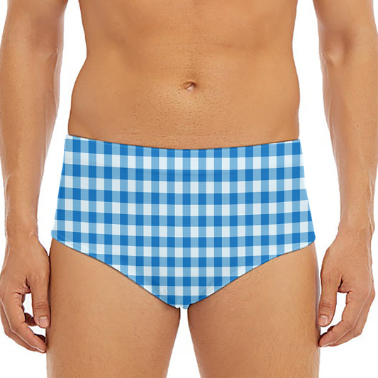 Blue And White Check Pattern Print Men's Triangle Swim Briefs