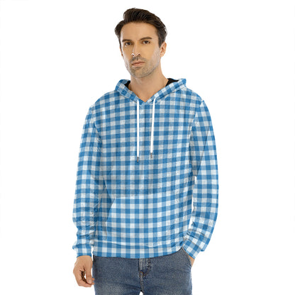 Blue And White Check Pattern Print Men's Velvet Pullover Hoodie