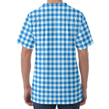 Blue And White Check Pattern Print Men's Velvet T-Shirt