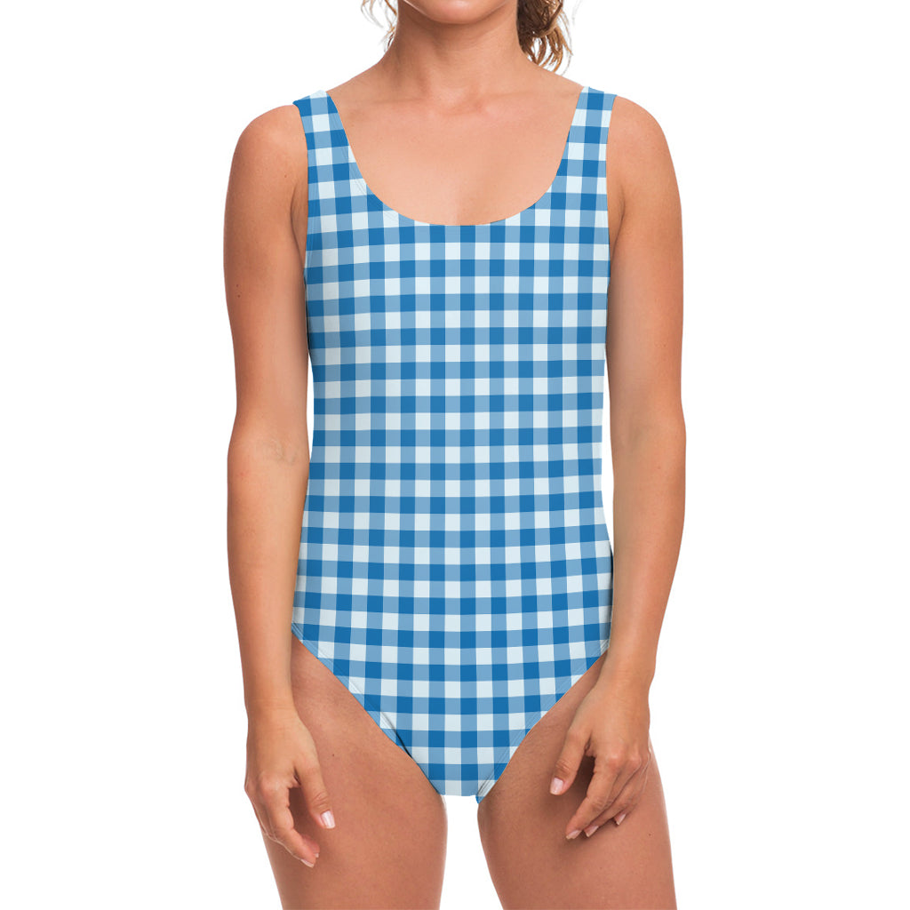 Blue And White Check Pattern Print One Piece Swimsuit