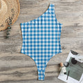 Blue And White Check Pattern Print One Shoulder Bodysuit