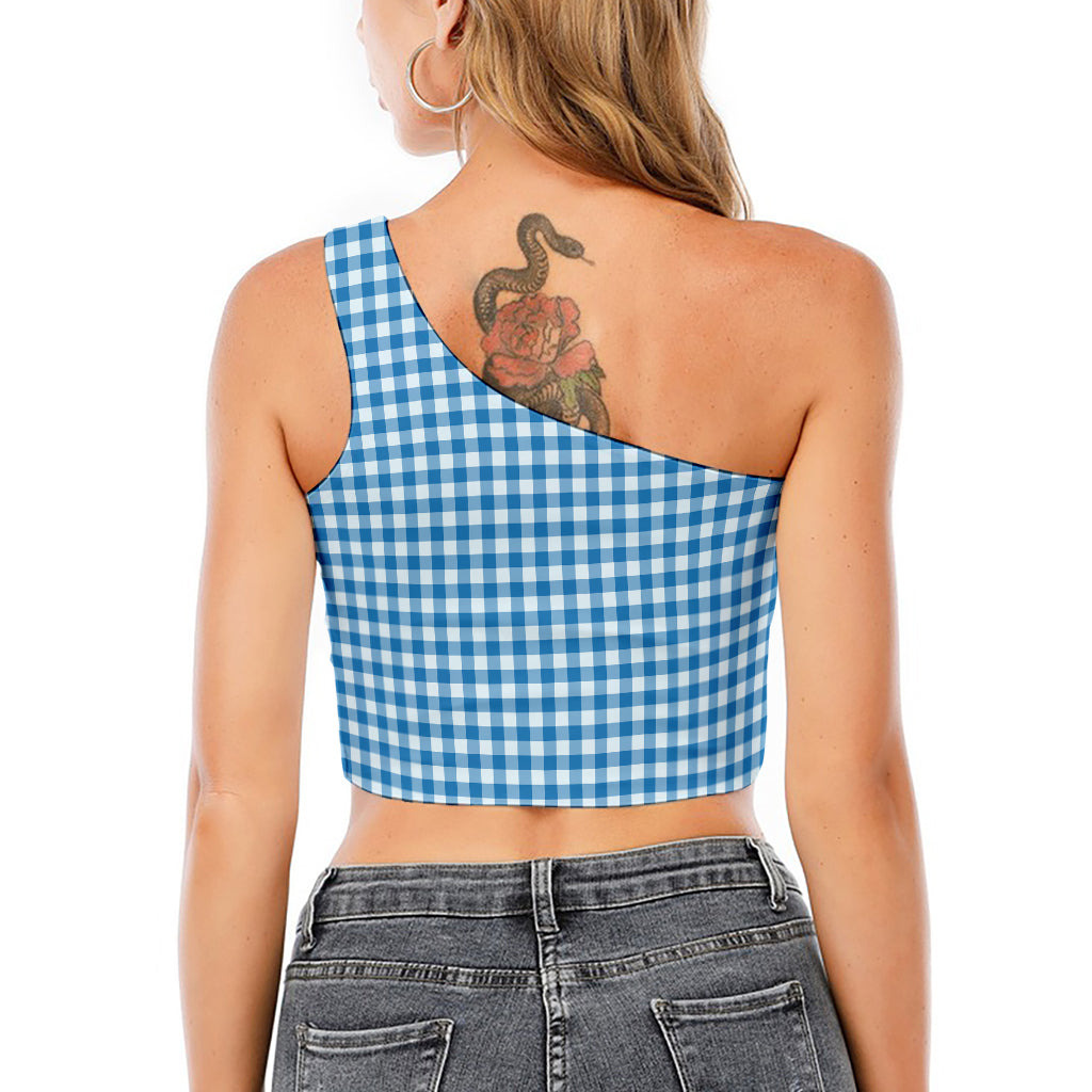 Blue And White Check Pattern Print One Shoulder Crop Top