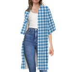 Blue And White Check Pattern Print Open Front Beach Cover Up
