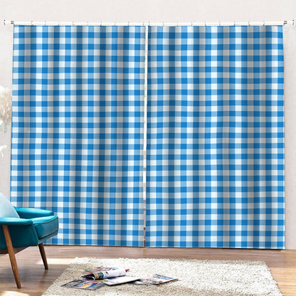 Blue And White Check Pattern Print Pencil Pleat Curtains