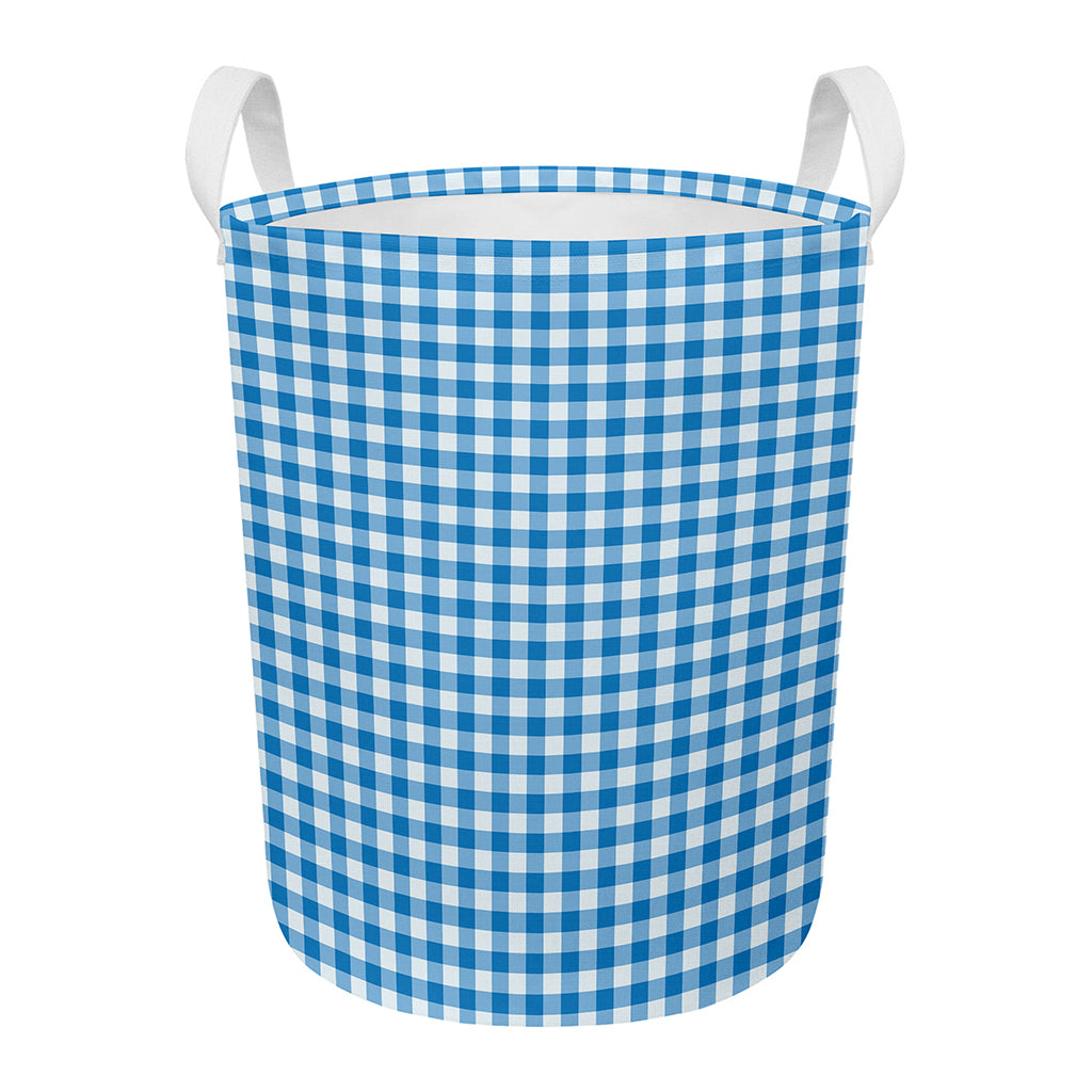 Blue And White Check Pattern Print Round Laundry Basket