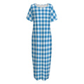 Blue And White Check Pattern Print Short Sleeve Long Nightdress