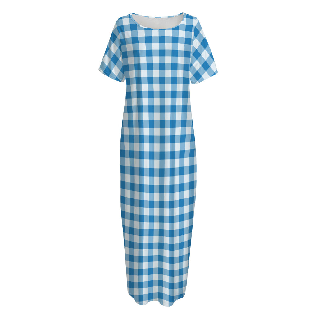 Blue And White Check Pattern Print Short Sleeve Long Nightdress