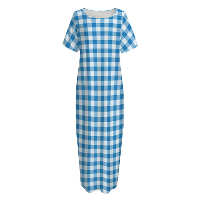 Blue And White Check Pattern Print Short Sleeve Long Nightdress