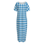 Blue And White Check Pattern Print Short Sleeve Long Nightdress