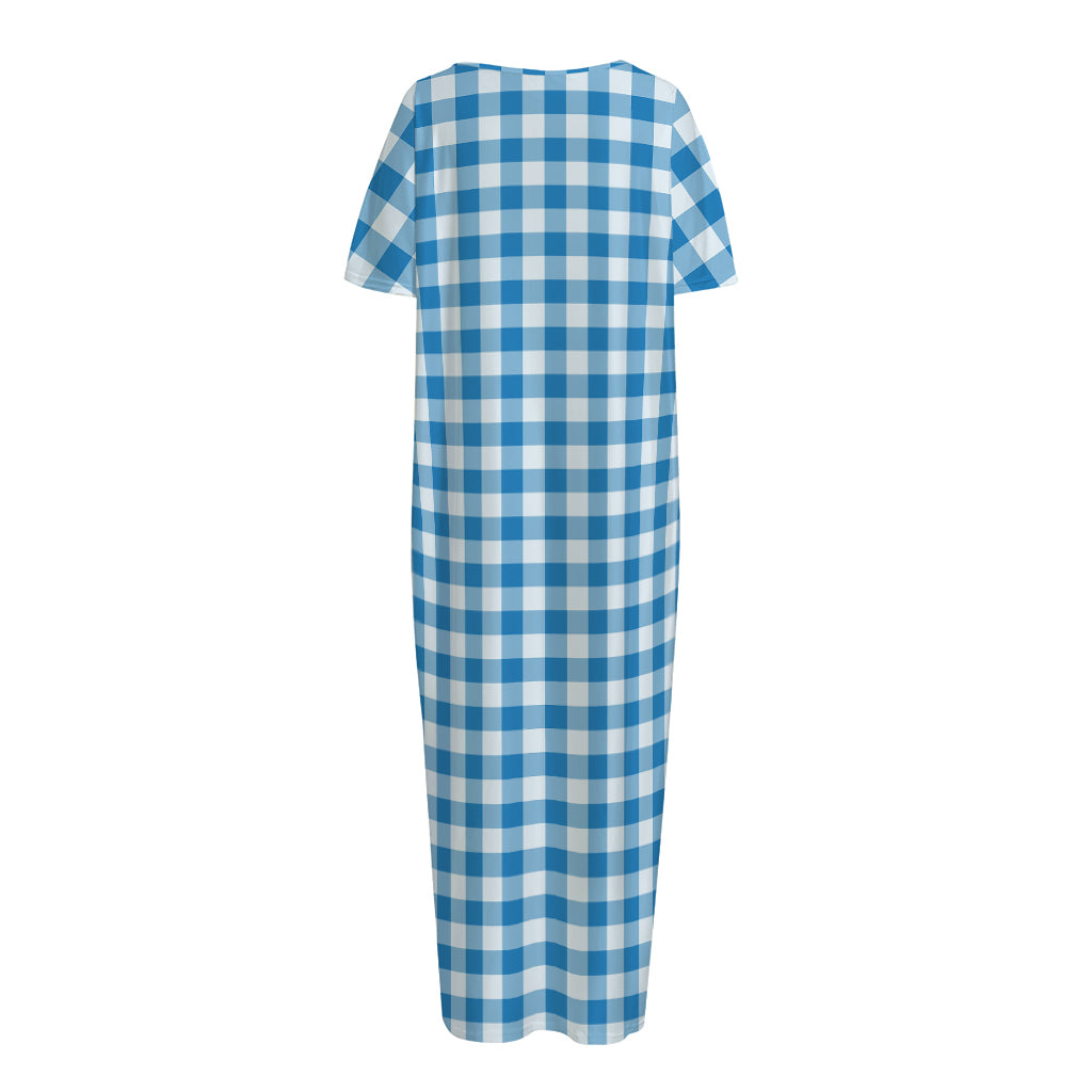 Blue And White Check Pattern Print Short Sleeve Long Nightdress
