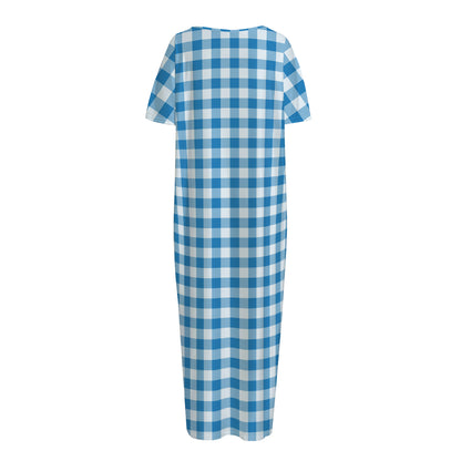 Blue And White Check Pattern Print Short Sleeve Long Nightdress