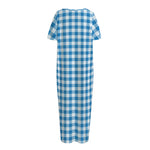 Blue And White Check Pattern Print Short Sleeve Long Nightdress