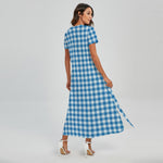 Blue And White Check Pattern Print Short Sleeve Maxi Dress