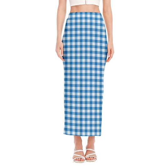 Blue And White Check Pattern Print Side Slit Maxi Skirt
