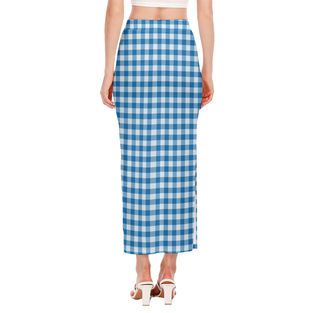 Blue And White Check Pattern Print Side Slit Maxi Skirt