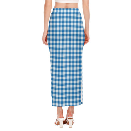 Blue And White Check Pattern Print Side Slit Maxi Skirt