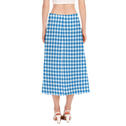 Blue And White Check Pattern Print Side Slit Midi Skirt