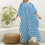 Blue And White Check Pattern Print Silk V-Neck Kaftan Dress