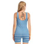 Blue And White Check Pattern Print Sleeveless One Piece Swimsuit