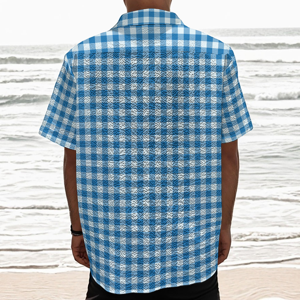 Blue And White Check Pattern Print Textured Short Sleeve Shirt