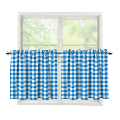 Blue And White Check Pattern Print Tier Curtains