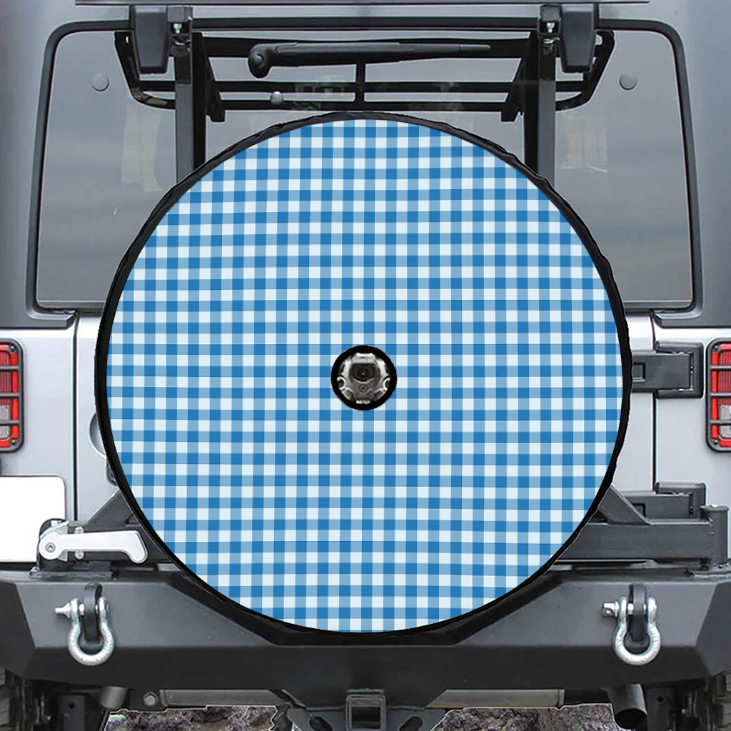 Blue And White Check Pattern Print Tire Cover With Camera Hole