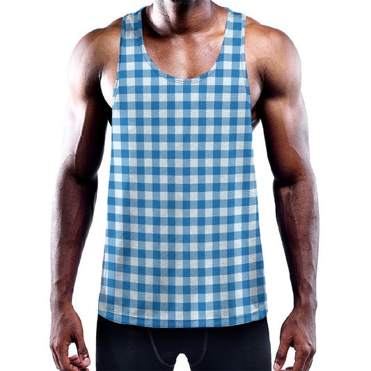 Blue And White Check Pattern Print Training Tank Top