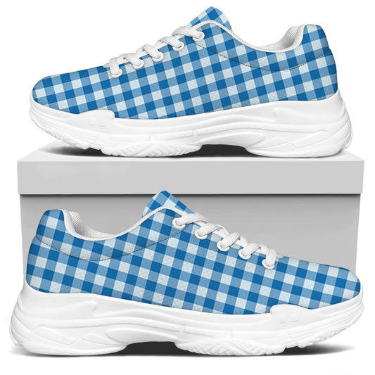 Blue And White Check Pattern Print White Chunky Shoes