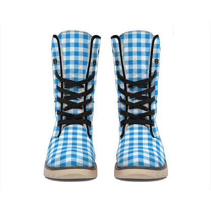 Blue And White Check Pattern Print Winter Boots