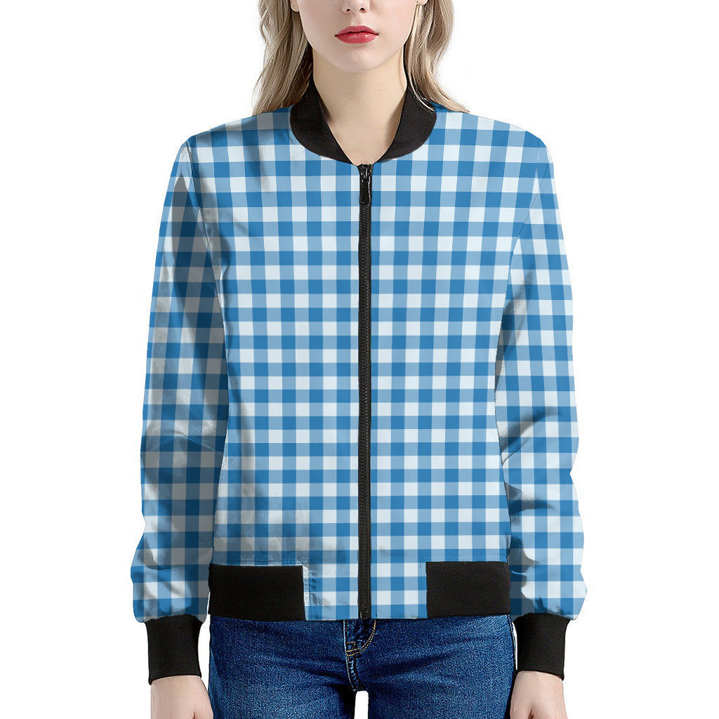 Blue And White Check Pattern Print Women's Bomber Jacket
