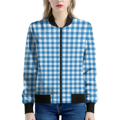 Blue And White Check Pattern Print Women's Bomber Jacket