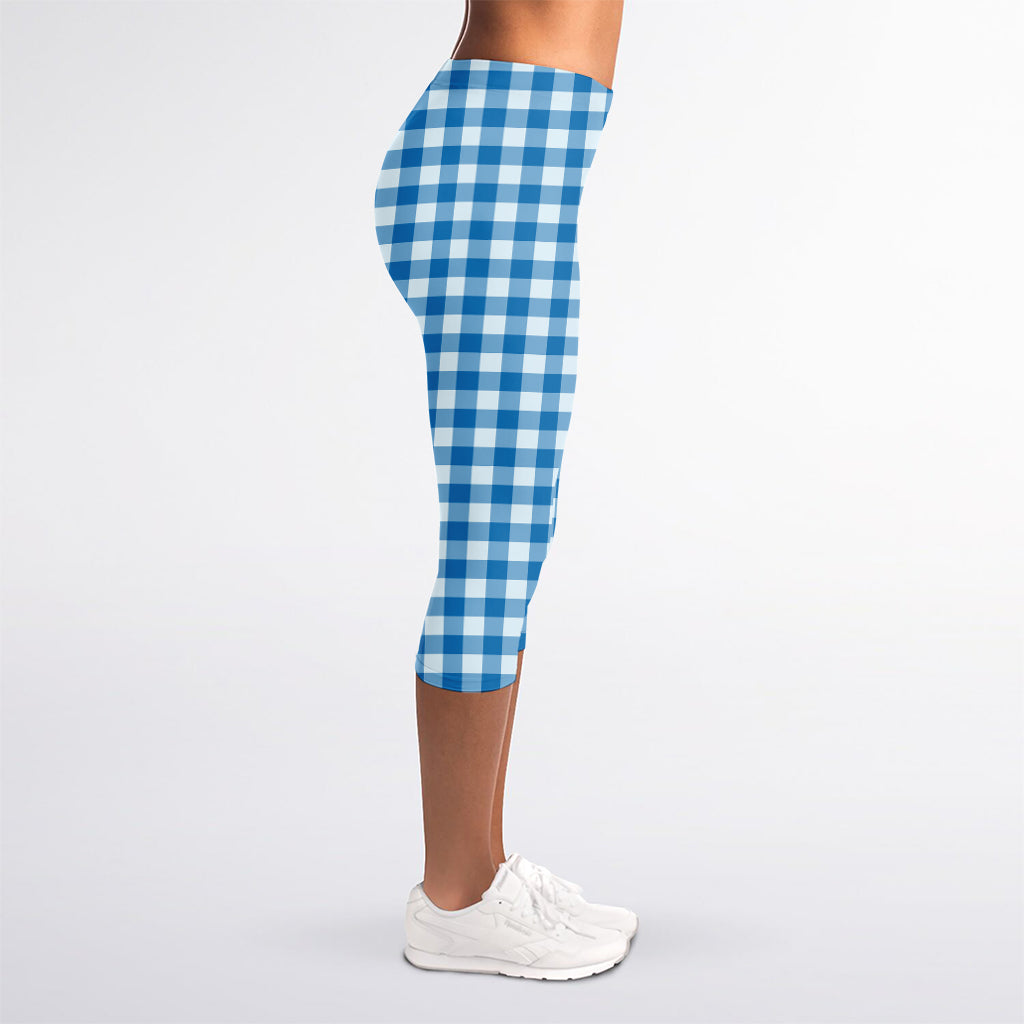 Blue And White Check Pattern Print Women's Capri Leggings