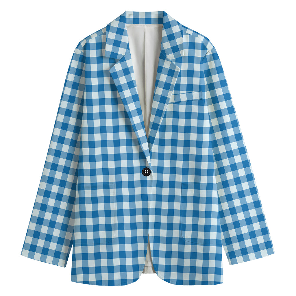 Blue And White Check Pattern Print Women's Cotton Blazer