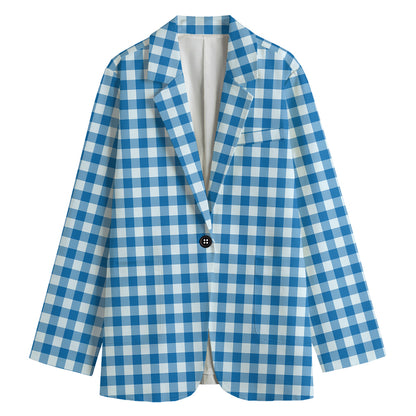 Blue And White Check Pattern Print Women's Cotton Blazer