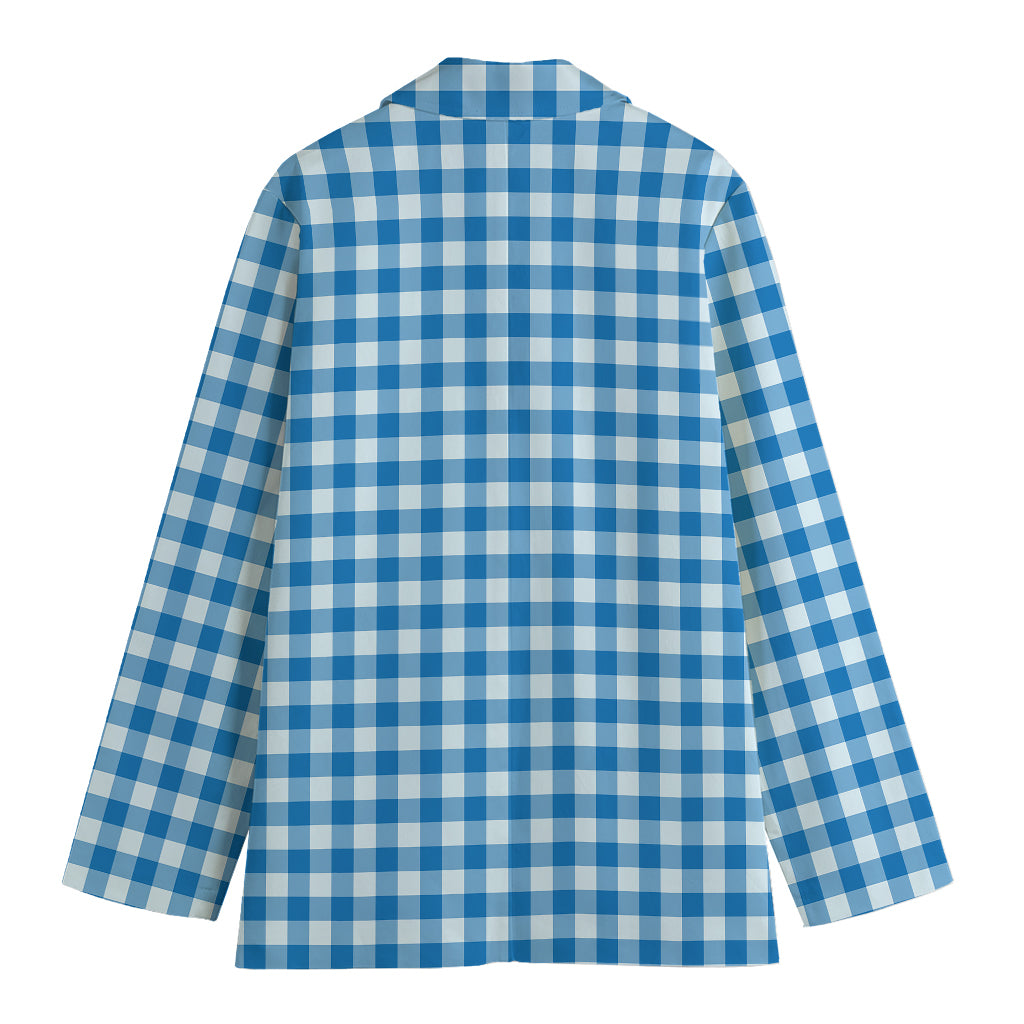 Blue And White Check Pattern Print Women's Cotton Blazer