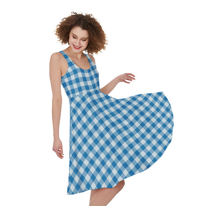 Blue And White Check Pattern Print Women's Sleeveless Dress