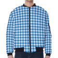 Blue And White Check Pattern Print Zip Sleeve Bomber Jacket